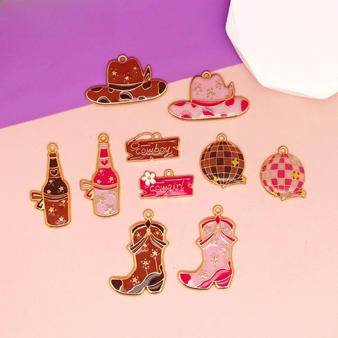 Western Cowboy Alloy Enamel Charms For DIY Jewelry Making Keychain Necklace Accessories Pink Brown Cowboy Boot Hat Disco Ball Tag