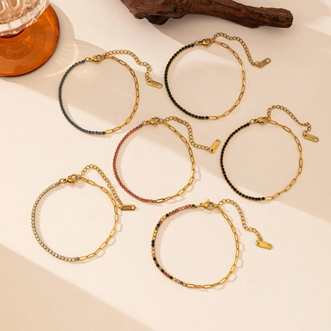 Bracciale Spliced Asimmetrico Acciaio Inossidabile Placcato Oro Zircone Tennis E Catena A Maglie Paperclip Gioielli Donna