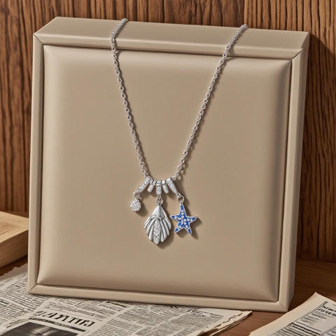 Collar De Estrella De Mar Concha Perla Artificial Acero Inoxidable Esmalte Azul Joyería Playa Para Mujeres