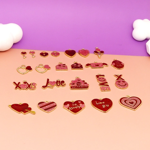 Valentine Day Heart Alloy Drip Oil Charms DIY Jewelry Accessories Love XOXO Mixed Set For Bags Bracelet Necklace Making