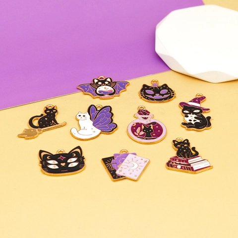 Halloween Black Cat Enamel Alloy Charms DIY Jewelry Making Witchy Magic Potion Tarot Wizard Pendants Novelty