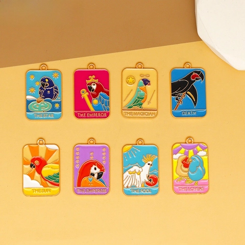 Cartoon Parrot Tarot Card Enamel Pendants Zinc Alloy Charms For DIY Jewelry Making Keychain Backpack Decoration