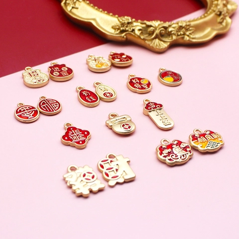 Chinese Style DIY Alloy Enamel Pendants Good Luck Fortune Blessing Charms For Jewelry Making Earrings Bracelets Festive Decoration
