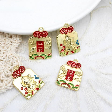 Chinese Style Lucky Cat Peace Charm Alloy Drip Oil DIY Jewelry Accessories For Keychain Pendant Crafting Red Gold Blessing Pendant