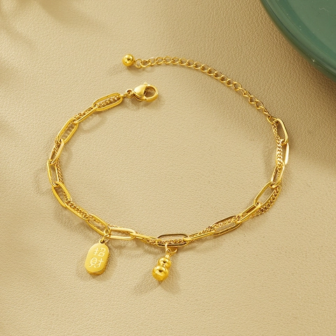 Double Layer Bracelet Titanium Steel Gold Plated Gourd Lucky Tag Minimalist New Chinese Style For Women