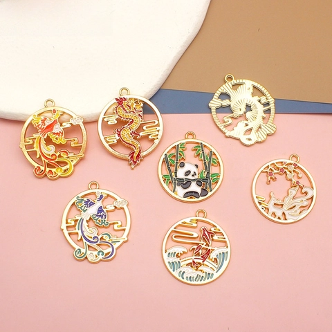 Chinese Style DIY Alloy Enamel Round Pendant Jewelry Accessories Dragon Phoenix Panda Koi Pattern Hollow Out Charms For Jewelry Making