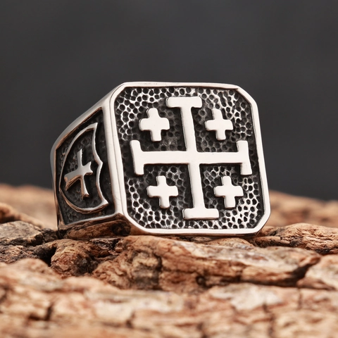 Anillo Sello Cruz De Jerusalén Acero Inoxidable Vintage Gótico Punk Hombres Joyería Cuadrada