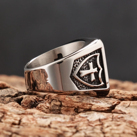 Anillo Sello Cruz De Jerusalén Acero Inoxidable Vintage Gótico Punk Hombres Joyería Cuadrada