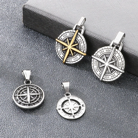 Vintage Stainless Steel Compass Pendant Necklace For Men Punk Nautical Rose Compass Coin Jewelry Without Chain Gift For Him