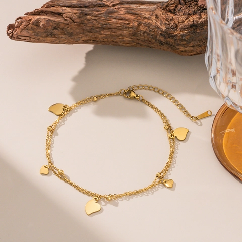 Herz Anhänger Fußkettchen Edelstahl Zweilagig Gold Vergoldet Verstellbarer Fußschmuck Für Frauen Elegant Stilvoll