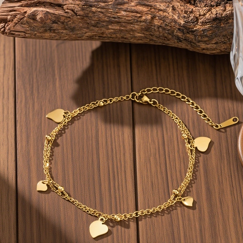 Herz Anhänger Fußkettchen Edelstahl Zweilagig Gold Vergoldet Verstellbarer Fußschmuck Für Frauen Elegant Stilvoll