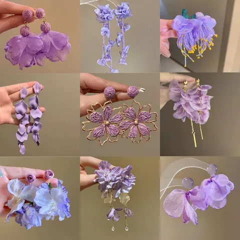 Paarse Stof Bloem Kwastje Oorknopjes Voor Vrouwen 925 Sterling Zilver Stift Zoete Florale Hanger Oorbellen Sieraden Cadeau