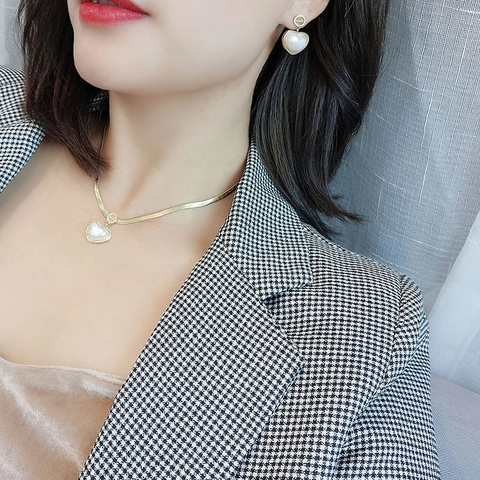 Collana Pendente Cuore Madreperla E Orecchini Acciaio Inossidabile Placcato Oro Catena Serpente Gioielli Incisi Love Donna