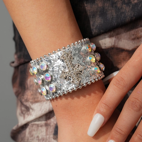 Cross Leather Bracelet Rhinestone Inlaid Glitter Wide Wrap Cuff For Party Vintage Exaggerated Women Fashion Hand Jewelry Gift