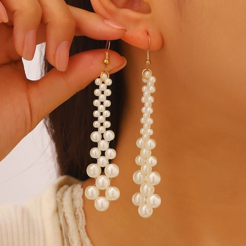 Elegant Long Tassel Earrings For Women With Faux Artificial Pearl Heart Rhinestone In Alloy And Resin Earring Post
