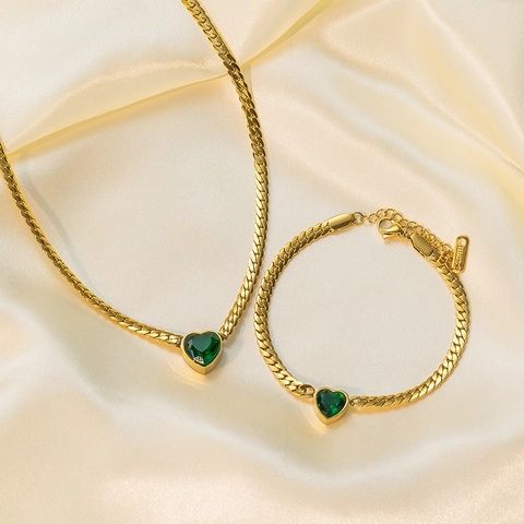 Gioielli Collana E Bracciale Cuore Zircone Placcato Oro Acciaio Inossidabile Catena Serpente Piatta Elegante Donna