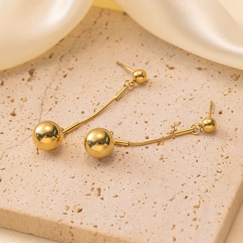Minimalist 18K Gold Plated Stainless Steel Double Ball Pendant Drop Earrings For Women Long Geometric Dangle Jewelry Gift