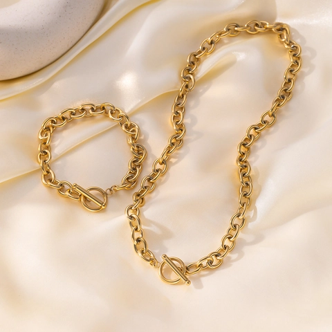 Women Chunky Chain Necklace Bracelet Set Gold Plated Titanium Stainless Steel OT Buckle Toggle Clasp Thick Link Jewelry
