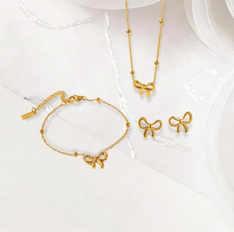 Minimalist Stainless Steel Bowknot Jewelry Set Gold Silver Color Pendant Necklace Earrings Bracelet Ring For Women Jewelry