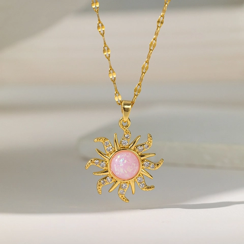 Sunflower Sunburst Pendant Necklace Gold Plated Stainless Steel Chain Copper Pendant With Pink Opal Zircon For Women