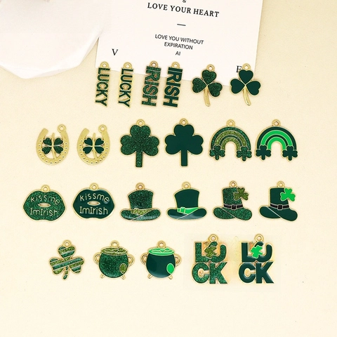 St Patrick's Day DIY Enamel Zinc Alloy Charms Shamrock Lucky Clover Rainbow Hat Horseshoe Pendants Jewelry Making Accessories