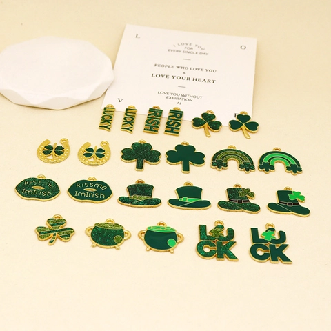 St Patrick's Day DIY Enamel Zinc Alloy Charms Shamrock Lucky Clover Rainbow Hat Horseshoe Pendants Jewelry Making Accessories