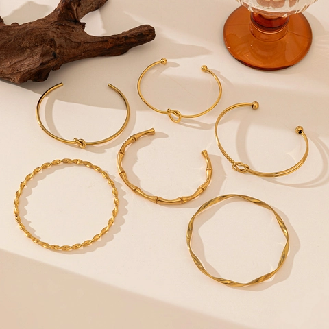 Titanium Stahl Armreif Offen Knoten Bambus Design 18K Vergoldet Minimalistischer Schmuck Für Damen