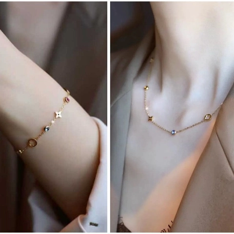 Stainless Steel Rhinestone Four-Leaf Clover Jewelry Set For Women Gold Plated Clover Pendant Necklace Bracelet Anklet Jewelry