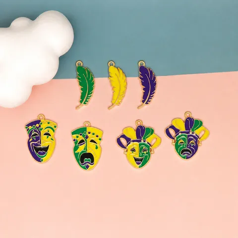 Mardi Gras Carnival Alloy Enamel Mask Feather Pendant For DIY Jewelry Necklace Keychain Making Accessory