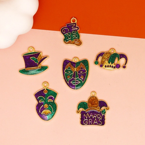 Mardi Gras Carnival Alloy Enamel Charms For Jewelry Making Purple Green Gold Glitter Mask Jester Hat Fleur-de-lis Pendant DIY Accessories