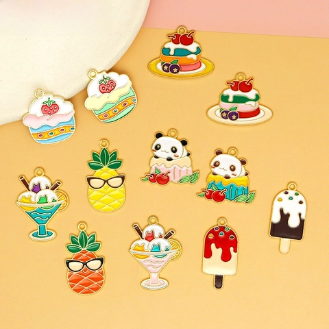 Summer Dessert DIY Alloy Enamel Charms For Jewelry Making Cake Ice Cream Panda Shapes Pendants For Earrings Necklace Craft