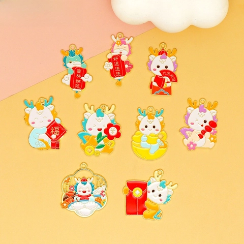 Cartoon Zodiac Dragon Year Alloy Enamel Pendant For DIY Jewelry Making Lucky Dragon Baby Bag Charm Keychain Accessory