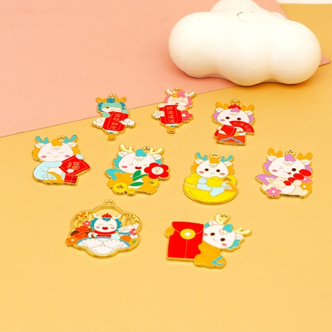 Cartoon Zodiac Dragon Year Alloy Enamel Pendant For DIY Jewelry Making Lucky Dragon Baby Bag Charm Keychain Accessory