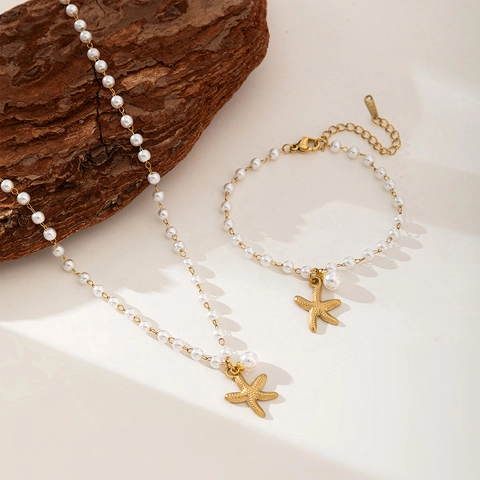 Gioielli in Acciaio Inossidabile Stile Oceano Collana Bracciale Orecchini con Künstliche Perle e Stella Marina per Donna Vacanza Estiva