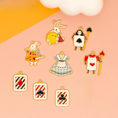 Alice In Wonderland Rabbit Alloy Enamel Charms For DIY Jewelry Making Poker Card Soldier Girl Dress Pendant Findings