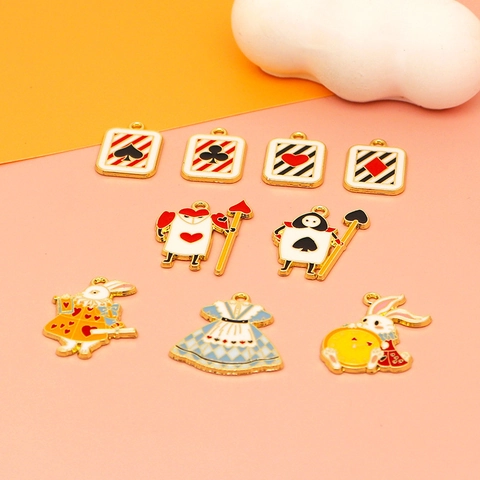 Alice In Wonderland Rabbit Alloy Enamel Charms For DIY Jewelry Making Poker Card Soldier Girl Dress Pendant Findings