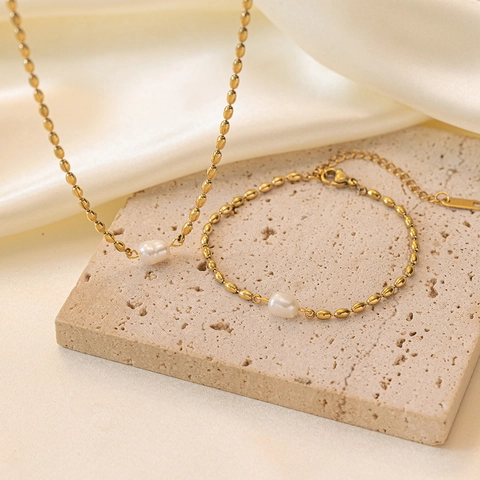 Titanstahl Natürliche Süßwasserperle Halskette Und Armband Goldene Bohnenperlenkette Modeschmuck Für Frauen