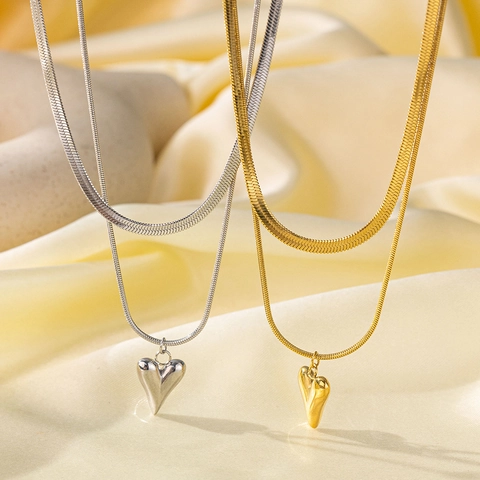 Double Layer Heart Pendant Necklace Stainless Steel Snake Blade Chain Minimalist Elegant Jewelry For Women