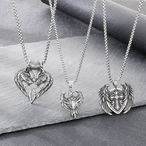Wikinger Doppel Wolfskopf Herz Knoten Anhänger Vintage Punk Kreuz Flügel Adler Schild Edelstahl Herren Anhänger Halskette