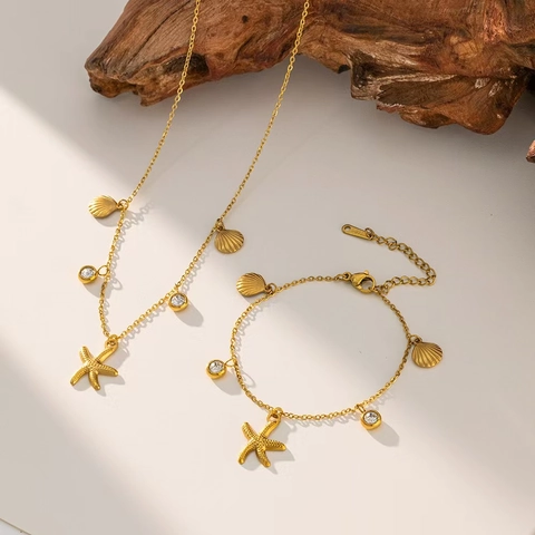 Starfish Shell Pendant Necklace Stainless Steel Zircon Gold Plated Ocean Theme Summer Holiday Fashion Women