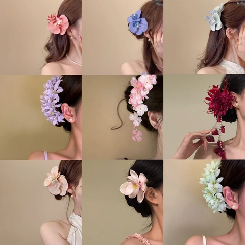 Romantic Acrylic Spider Lily Flower Hair Clip Vintage Ethereal Floral Duckbill Clip With Artificial Pearl Tassel For Women Fashion Hair Accessories