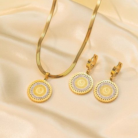 Collana E Orecchino Bracciale Gioielli In Acciaio Inossidabile Ciondolo Moneta Ritratto Vintage Strass Placca Rotonda Inciso Retrò Per Donne