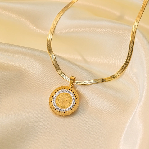 Collana E Orecchino Bracciale Gioielli In Acciaio Inossidabile Ciondolo Moneta Ritratto Vintage Strass Placca Rotonda Inciso Retrò Per Donne