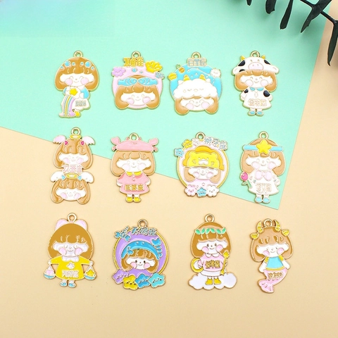 Alloy Enamel Zodiac Signs Charms Cartoon Girl Pendant For DIY Jewelry Making Bracelet Necklace Accessories Craft Gift