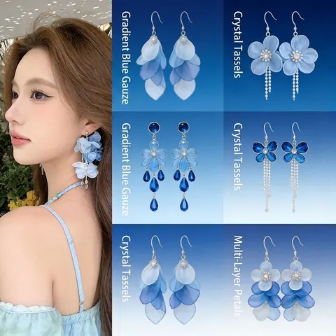 Blue Series Cluster Floral Petal Earrings Alloy Fabric Flower Stud Earrings With Silver Earring Post For Women Vacation Jewelry