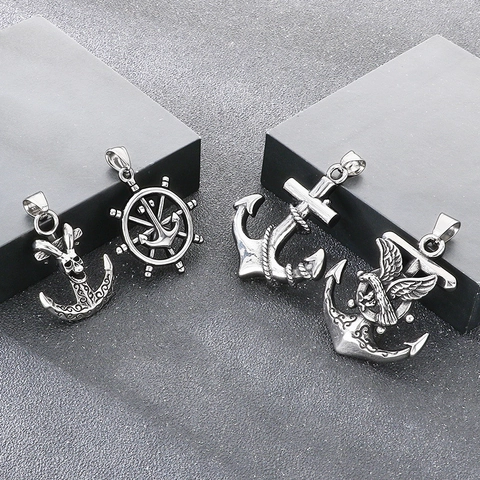 Punk Vintage Titanium Steel Nautical Pendant For Men Dark Goth Skull Anchor Cross Ship Wheel Eagle Pendant Jewelry