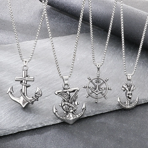 Punk Vintage Titanium Steel Nautical Pendant For Men Dark Goth Skull Anchor Cross Ship Wheel Eagle Pendant Jewelry