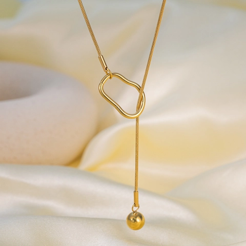 Minimalist Titanium Steel Irregular Geometric Ring Pendant Necklace For Women Adjustable Snake Bone Chain Round Bead Tassel Jewelry Gift