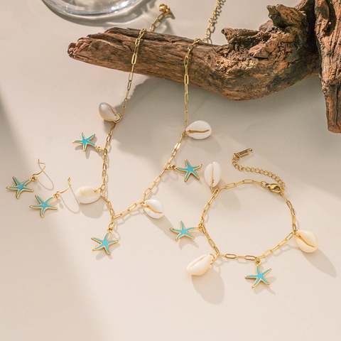Estrella De Mar Concha Collar Pulsera Pendientes Tobillera Acero Inoxidable Chapado En Oro Esmalte Azul Joyas De Playa