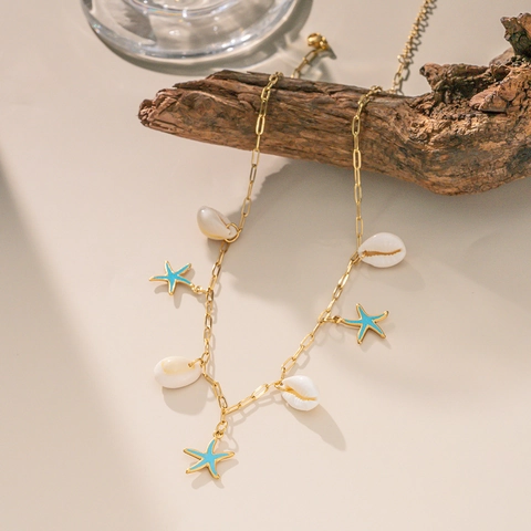 Estrella De Mar Concha Collar Pulsera Pendientes Tobillera Acero Inoxidable Chapado En Oro Esmalte Azul Joyas De Playa